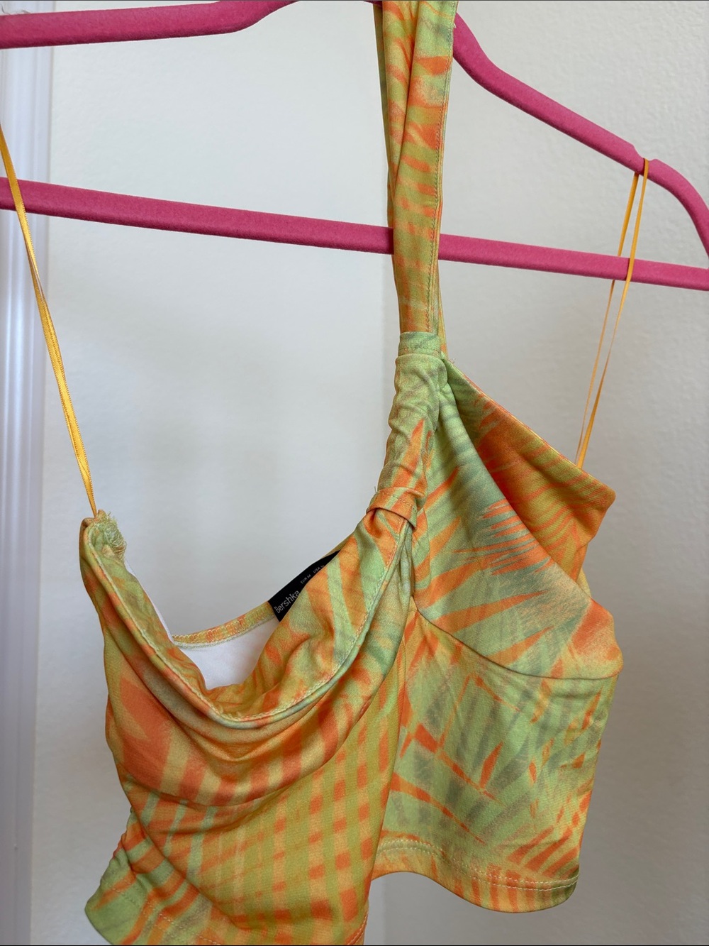 Bershka Green and Orange One-Shoulder Crop Top